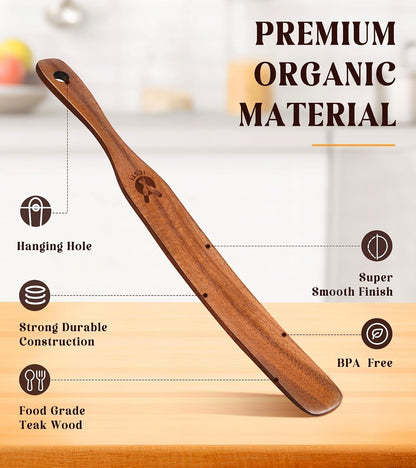 Skinny Spurtle for Sourdough Starter, Mixing, Reaching Bottom of Jar, Dough Whisk, Natural from High Moist Resistance Teak, Spurtles Kitchen Tools Wooden Kitchen Utensils for NonStick Cookware