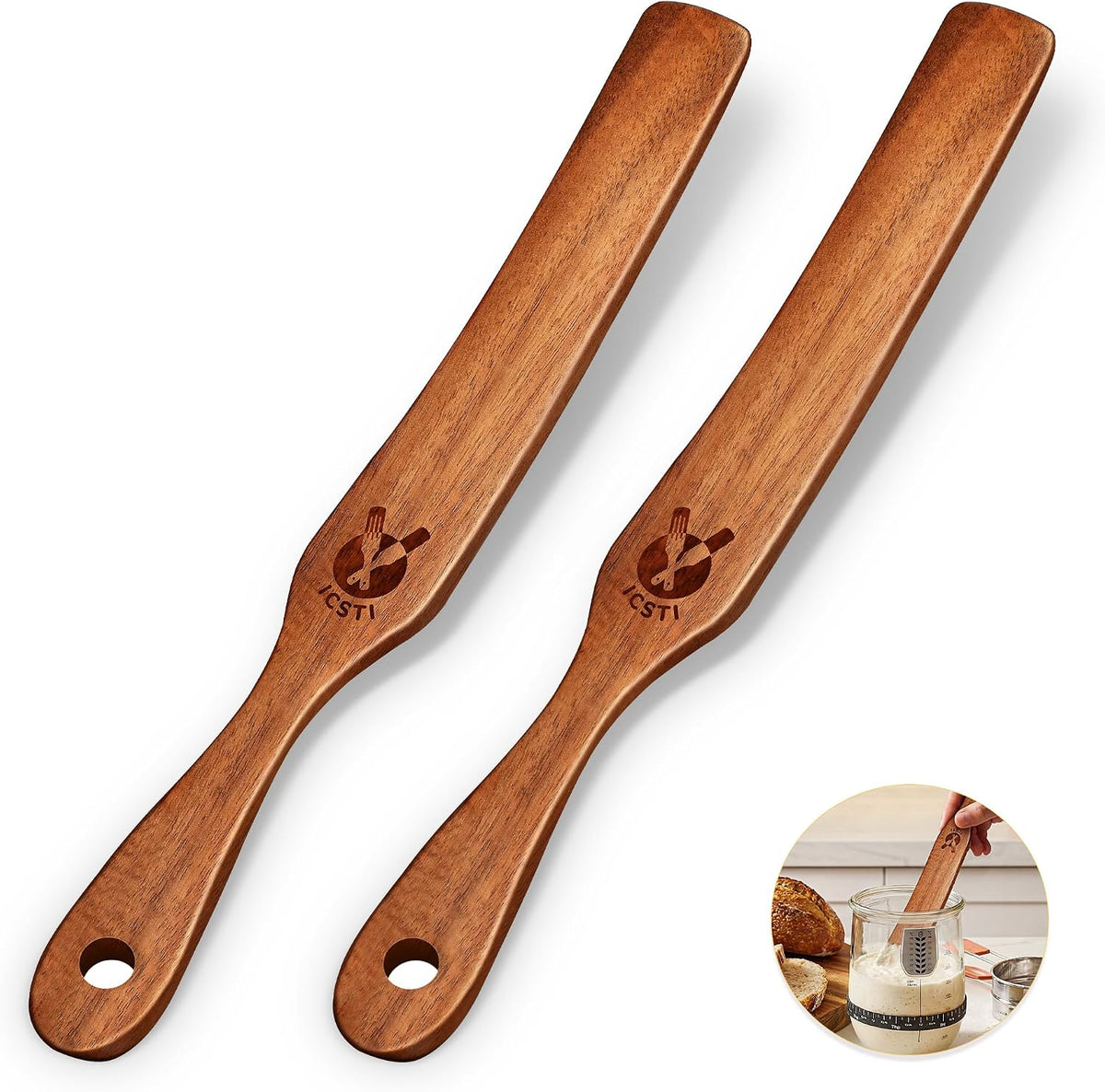 Skinny Spurtle for Sourdough Starter, Mixing, Reaching Bottom of Jar, Dough Whisk, Natural from High Moist Resistance Teak, Spurtles Kitchen Tools Wooden Kitchen Utensils for NonStick Cookware