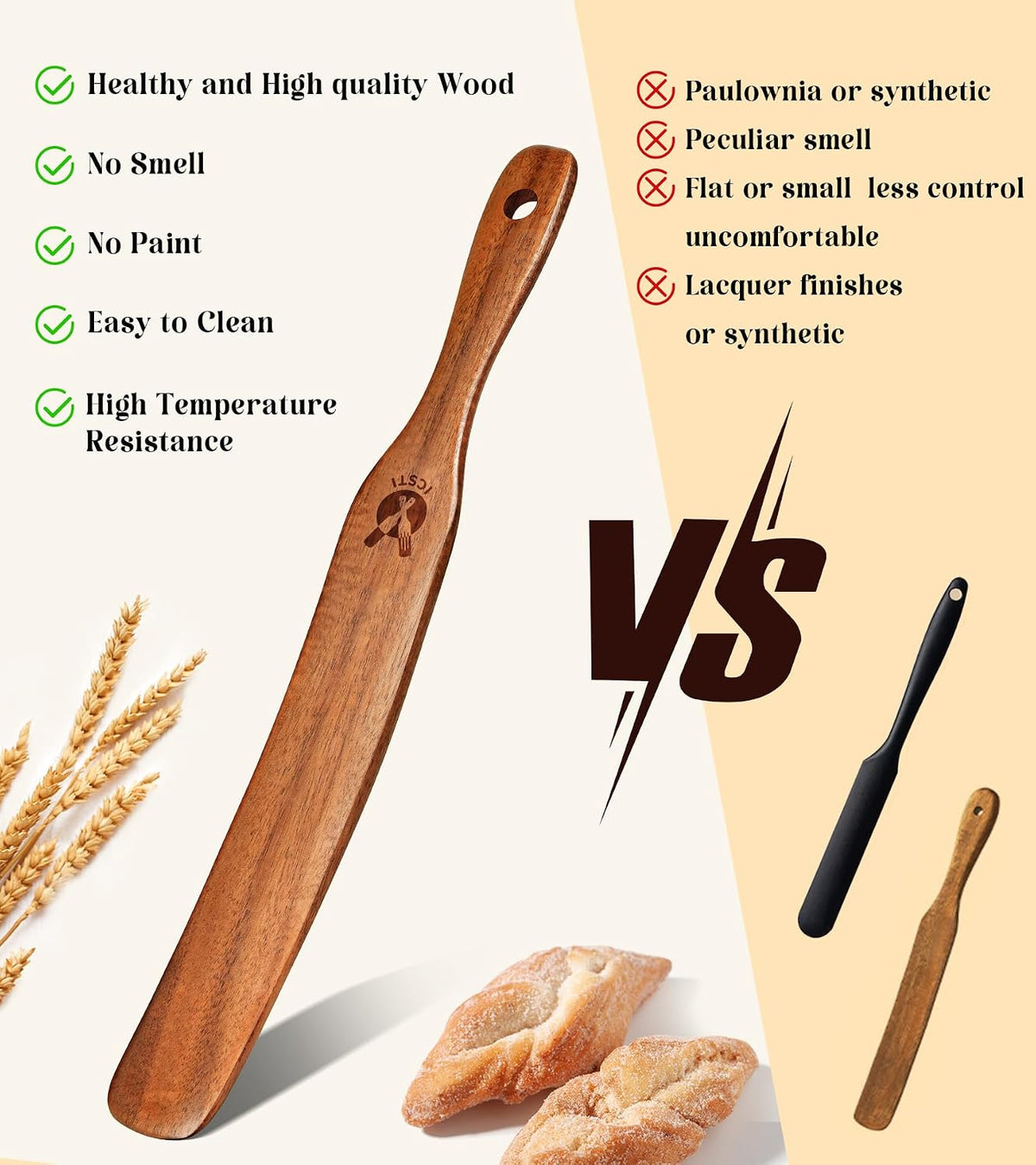 Skinny Spurtle for Sourdough Starter, Mixing, Reaching Bottom of Jar, Dough Whisk, Natural from High Moist Resistance Teak, Spurtles Kitchen Tools Wooden Kitchen Utensils for NonStick Cookware