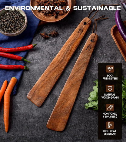 Skinny Spurtle for Sourdough Starter, Mixing, Reaching Bottom of Jar, Dough Whisk, Natural from High Moist Resistance Teak, Spurtles Kitchen Tools Wooden Kitchen Utensils for NonStick Cookware