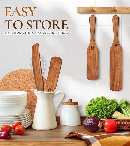 Skinny Spurtle for Sourdough Starter, Mixing, Reaching Bottom of Jar, Dough Whisk, Natural from High Moist Resistance Teak, Spurtles Kitchen Tools Wooden Kitchen Utensils for NonStick Cookware