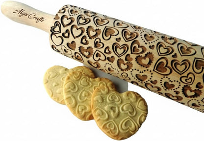 HEARTS EMBOSSING ROLLING PIN WOODEN ROLLING PIN for EMBOSSED COOKIES with LOVE HEARTS