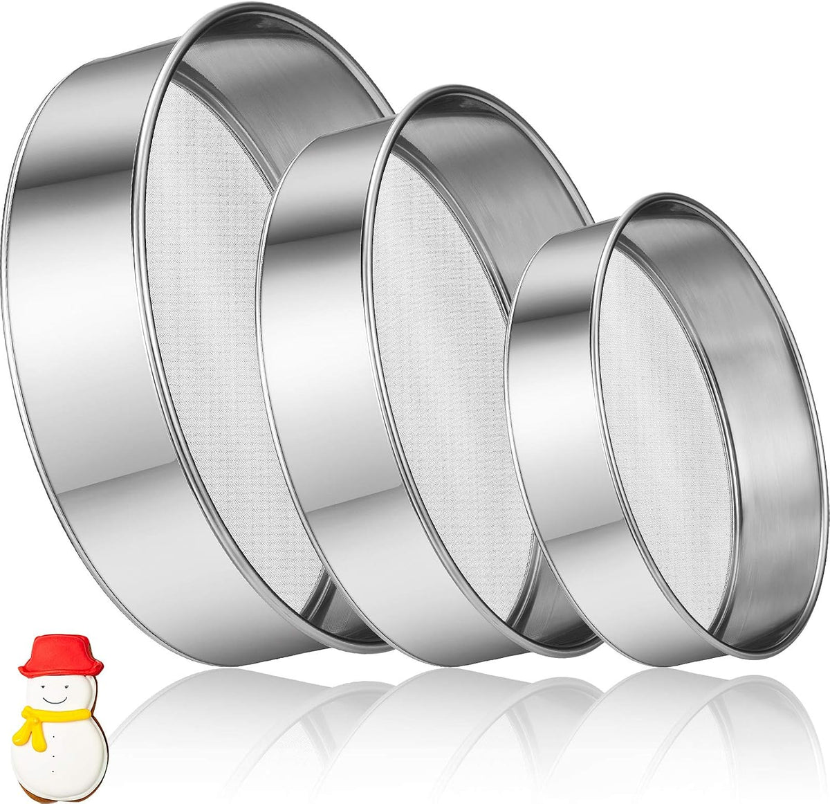 3 Pcs Stainless Steel Flour Sifter (6" and 8" 60 Mesh, 7" 40 Mesh)