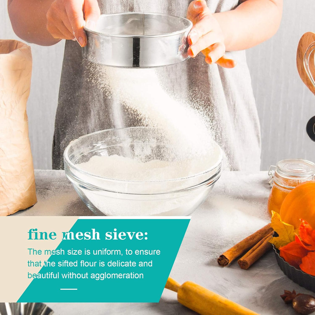 3 Pcs Stainless Steel Flour Sifter (6" and 8" 60 Mesh, 7" 40 Mesh)