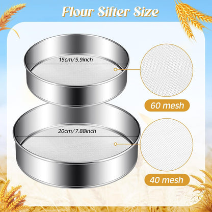 3 Pcs Stainless Steel Flour Sifter (6" and 8" 60 Mesh, 7" 40 Mesh)