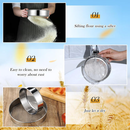 3 Pcs Stainless Steel Flour Sifter (6" and 8" 60 Mesh, 7" 40 Mesh)