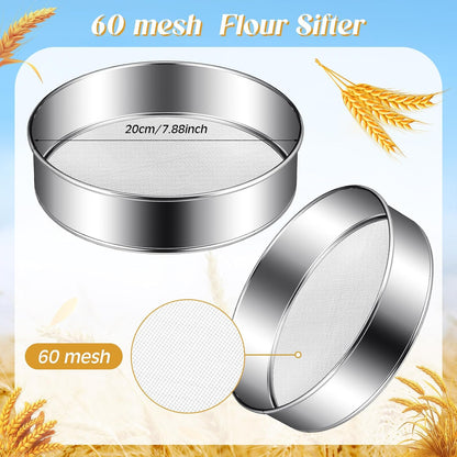 3 Pcs Stainless Steel Flour Sifter (6" and 8" 60 Mesh, 7" 40 Mesh)
