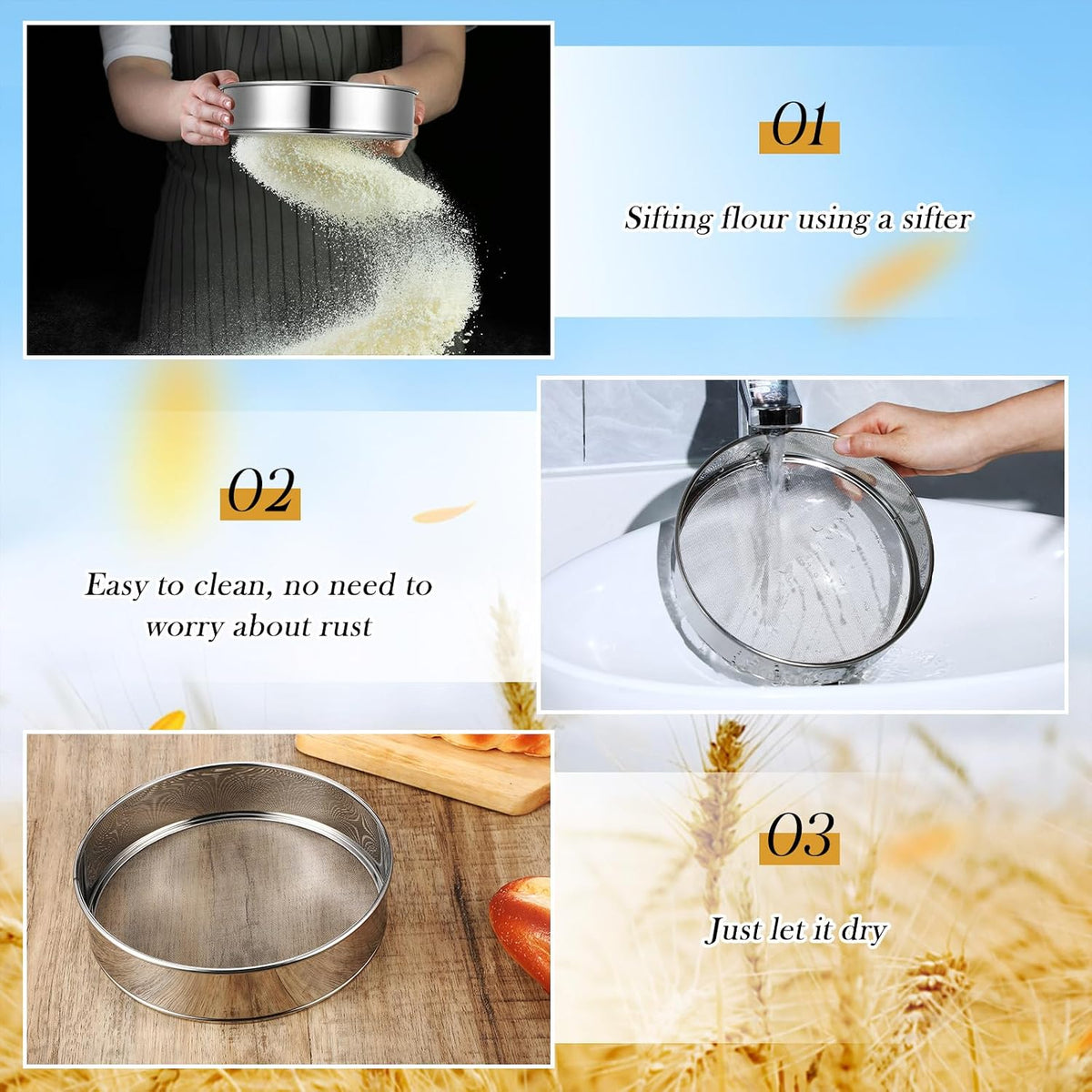 3 Pcs Stainless Steel Flour Sifter (6" and 8" 60 Mesh, 7" 40 Mesh)