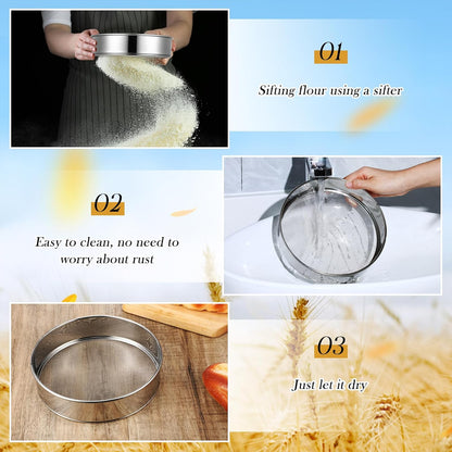 3 Pcs Stainless Steel Flour Sifter (6" and 8" 60 Mesh, 7" 40 Mesh)