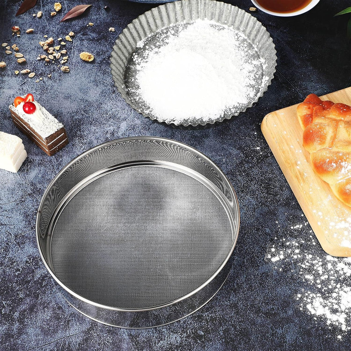 3 Pcs Stainless Steel Flour Sifter (6" and 8" 60 Mesh, 7" 40 Mesh)