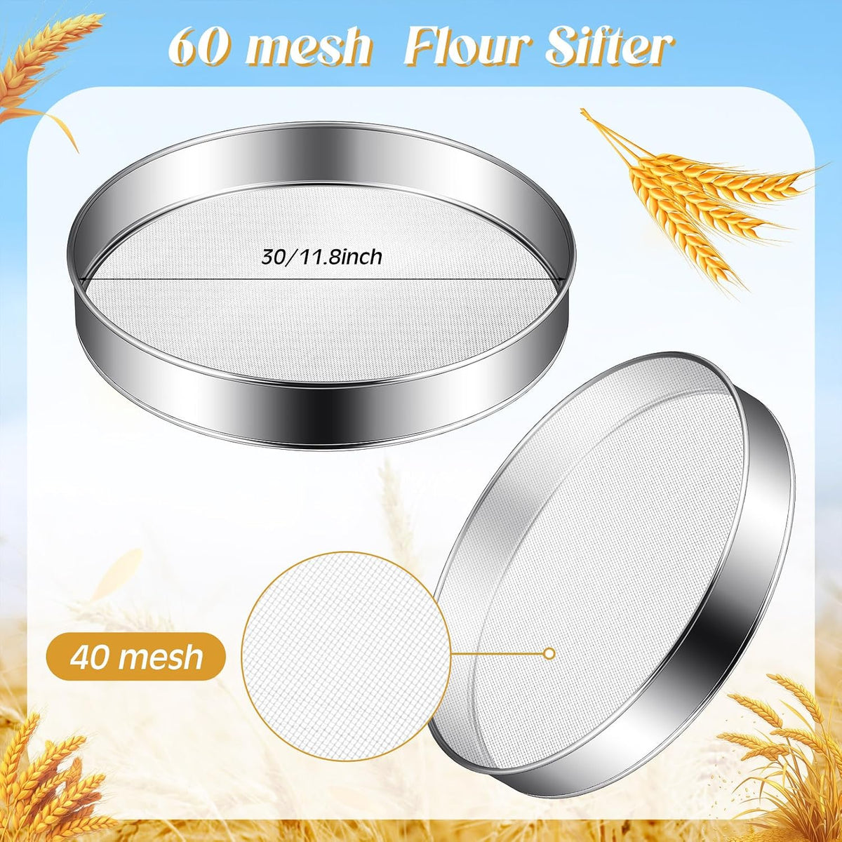 3 Pcs Stainless Steel Flour Sifter (6" and 8" 60 Mesh, 7" 40 Mesh)