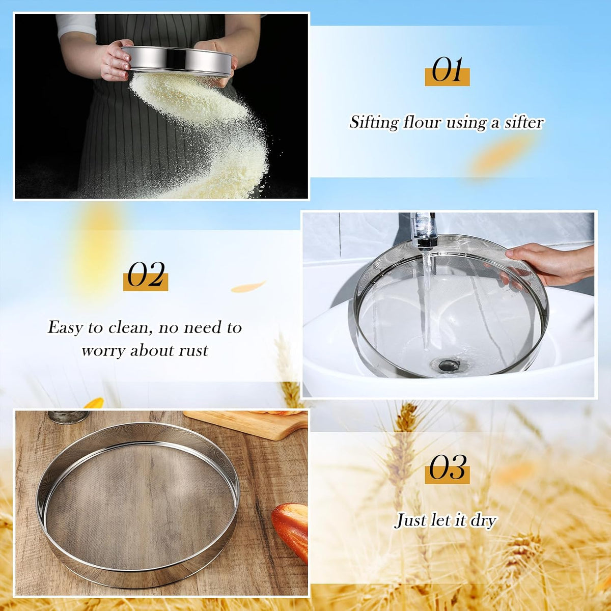3 Pcs Stainless Steel Flour Sifter (6" and 8" 60 Mesh, 7" 40 Mesh)