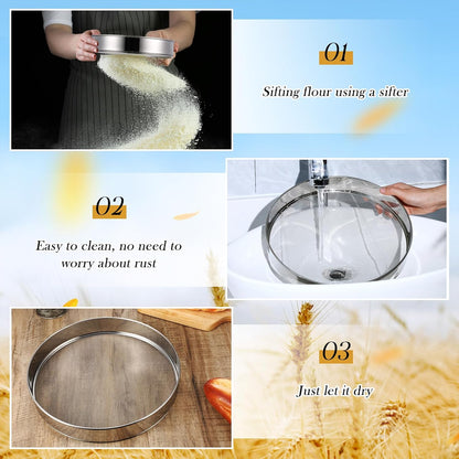 3 Pcs Stainless Steel Flour Sifter (6" and 8" 60 Mesh, 7" 40 Mesh)