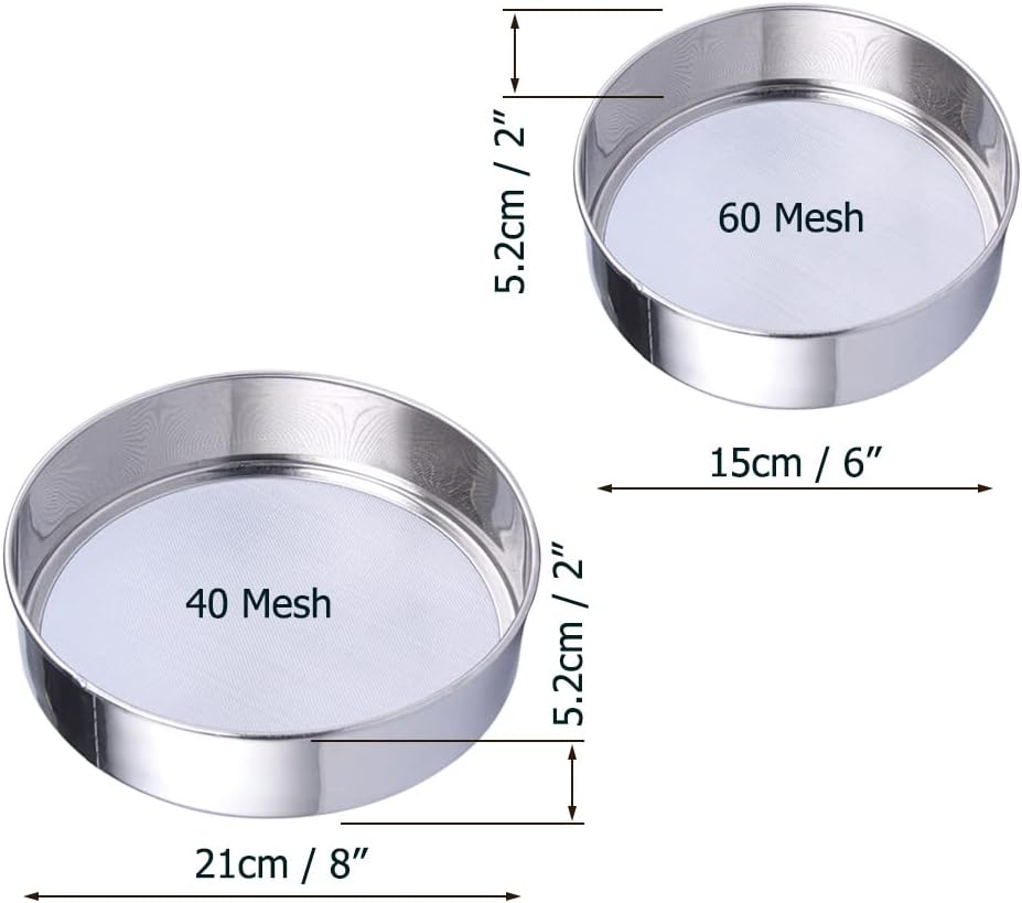 Sieve Fine Mesh, Stainless Steel Round Sifter for Baking, Flour Sieve, 8 Inch 40 Mesh and 6 Inch 60 Mesh, 2PCS