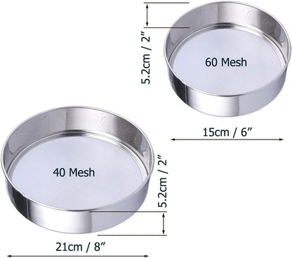 Sieve Fine Mesh, Stainless Steel Round Sifter for Baking, Flour Sieve, 8 Inch 40 Mesh and 6 Inch 60 Mesh, 2PCS