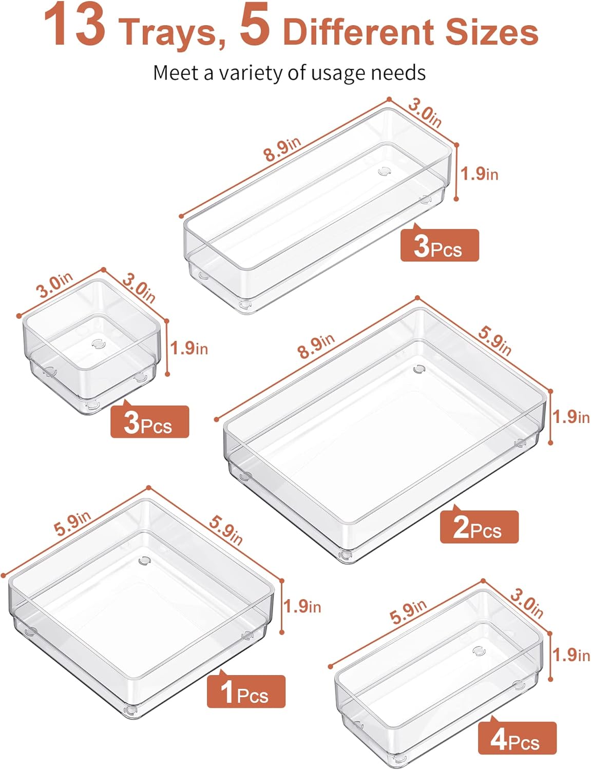 13-Piece Drawer Organizer with Non-Slip Silicone Pads, 5-Size Desk Drawer Organizer Trays Storage Tray for Makeup, Jewelries, Utensils in Bedroom Dresser, Office and Kitchen (Clear)