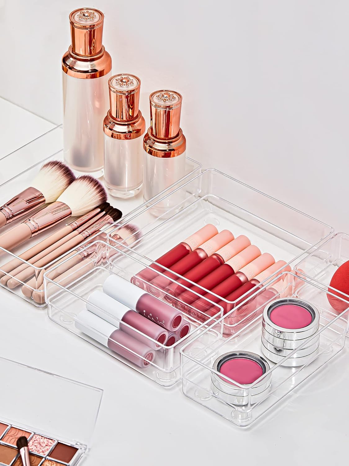 13-Piece Drawer Organizer with Non-Slip Silicone Pads, 5-Size Desk Drawer Organizer Trays Storage Tray for Makeup, Jewelries, Utensils in Bedroom Dresser, Office and Kitchen (Clear)