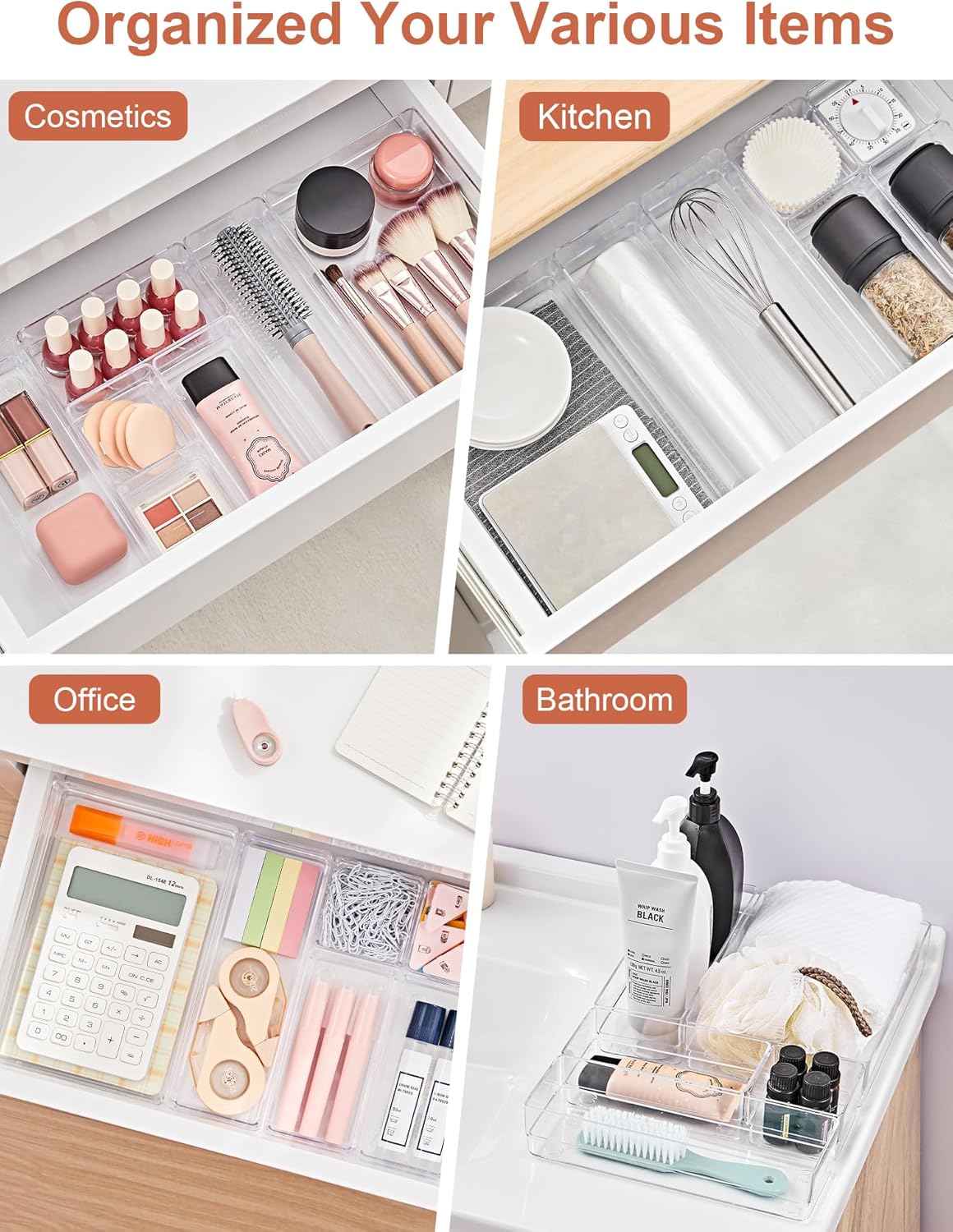 13-Piece Drawer Organizer with Non-Slip Silicone Pads, 5-Size Desk Drawer Organizer Trays Storage Tray for Makeup, Jewelries, Utensils in Bedroom Dresser, Office and Kitchen (Clear)
