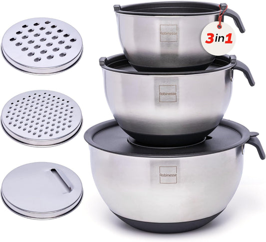 Stainless Steel Mixing Bowls Set of 3, Large Nesting Bowls with Airtight Lids for Food Prep, Cooking, Baking, Salad, and Outdoor Dining (Black, 3 Pcs)