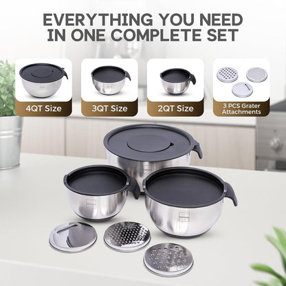 Stainless Steel Mixing Bowls Set of 3, Large Nesting Bowls with Airtight Lids for Food Prep, Cooking, Baking, Salad, and Outdoor Dining (Black, 3 Pcs)