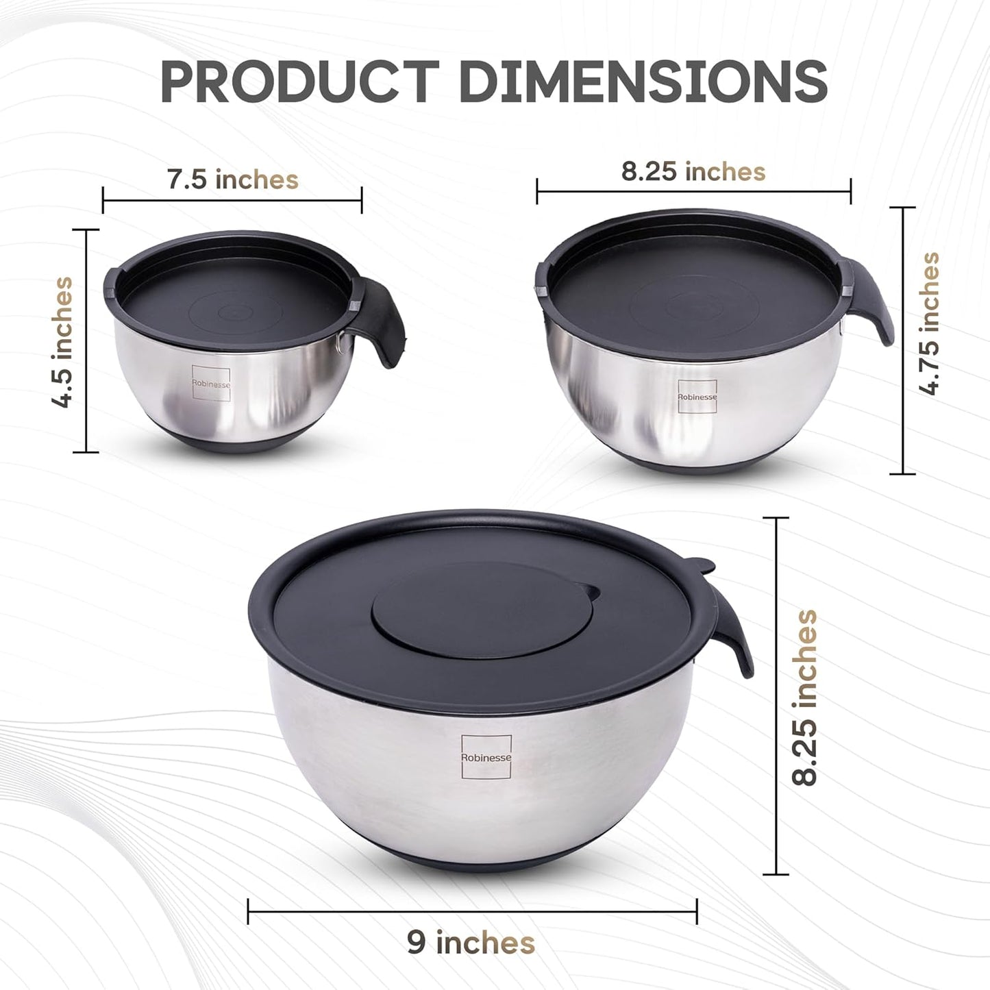 Stainless Steel Mixing Bowls Set of 3, Large Nesting Bowls with Airtight Lids for Food Prep, Cooking, Baking, Salad, and Outdoor Dining (Black, 3 Pcs)