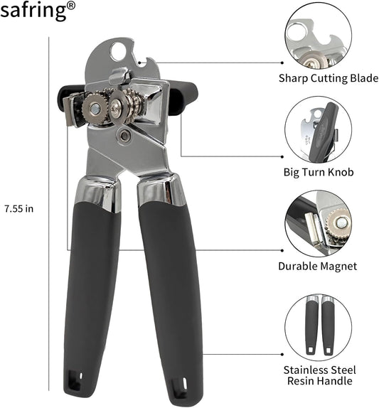 Can Opener Manual with Magnet, Stainless Steel Handheld Heavy Duty Can Opener, Sharp Blade Smooth Edge, Comfortable Handle, Can Openers with Multifunctional Bottle Opener, Gray