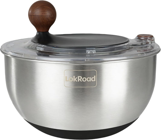 Stainless Steel Salad Spinner, 5.3 Qt Large Lettuce & Vegetable Cleaner with Non-Slip Bottom, Quick Stop Button, Dishwasher Safe Fruit Washer, BPA-free, Black