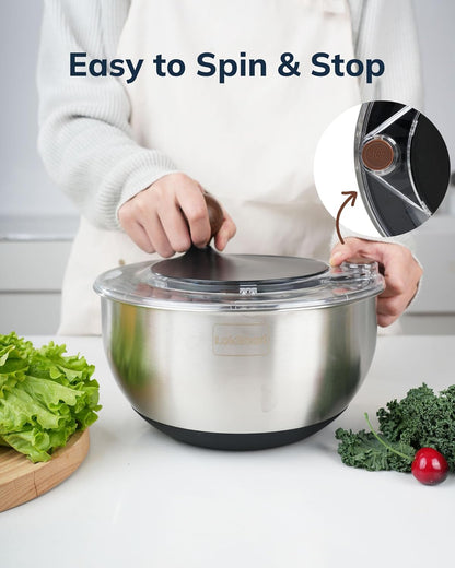 Stainless Steel Salad Spinner, 5.3 Qt Large Lettuce & Vegetable Cleaner with Non-Slip Bottom, Quick Stop Button, Dishwasher Safe Fruit Washer, BPA-free, Black