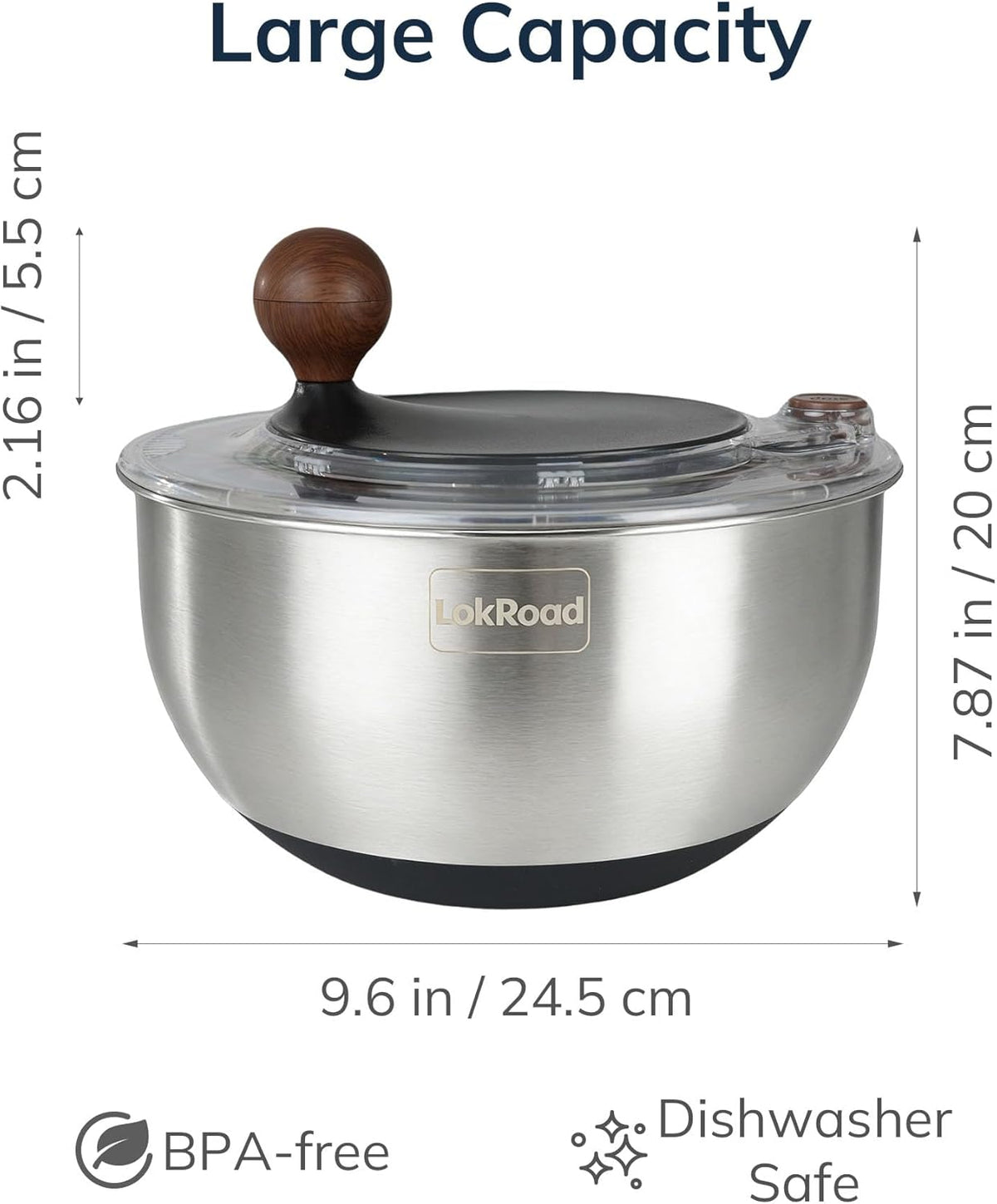Stainless Steel Salad Spinner, 5.3 Qt Large Lettuce & Vegetable Cleaner with Non-Slip Bottom, Quick Stop Button, Dishwasher Safe Fruit Washer, BPA-free, Black
