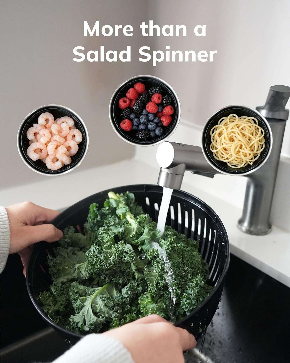 Stainless Steel Salad Spinner, 5.3 Qt Large Lettuce & Vegetable Cleaner with Non-Slip Bottom, Quick Stop Button, Dishwasher Safe Fruit Washer, BPA-free, Black