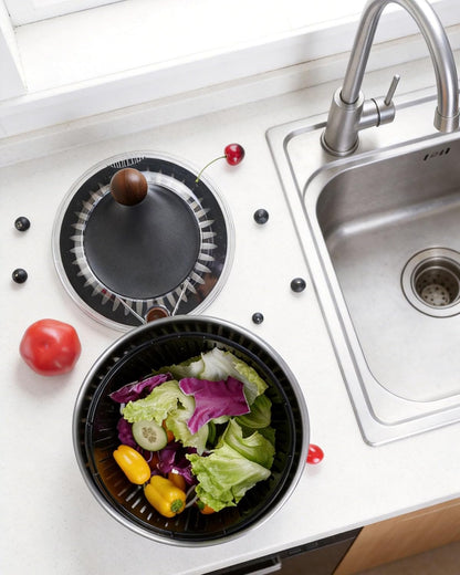 Stainless Steel Salad Spinner, 5.3 Qt Large Lettuce & Vegetable Cleaner with Non-Slip Bottom, Quick Stop Button, Dishwasher Safe Fruit Washer, BPA-free, Black