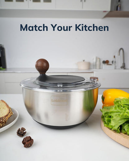 Stainless Steel Salad Spinner, 5.3 Qt Large Lettuce & Vegetable Cleaner with Non-Slip Bottom, Quick Stop Button, Dishwasher Safe Fruit Washer, BPA-free, Black