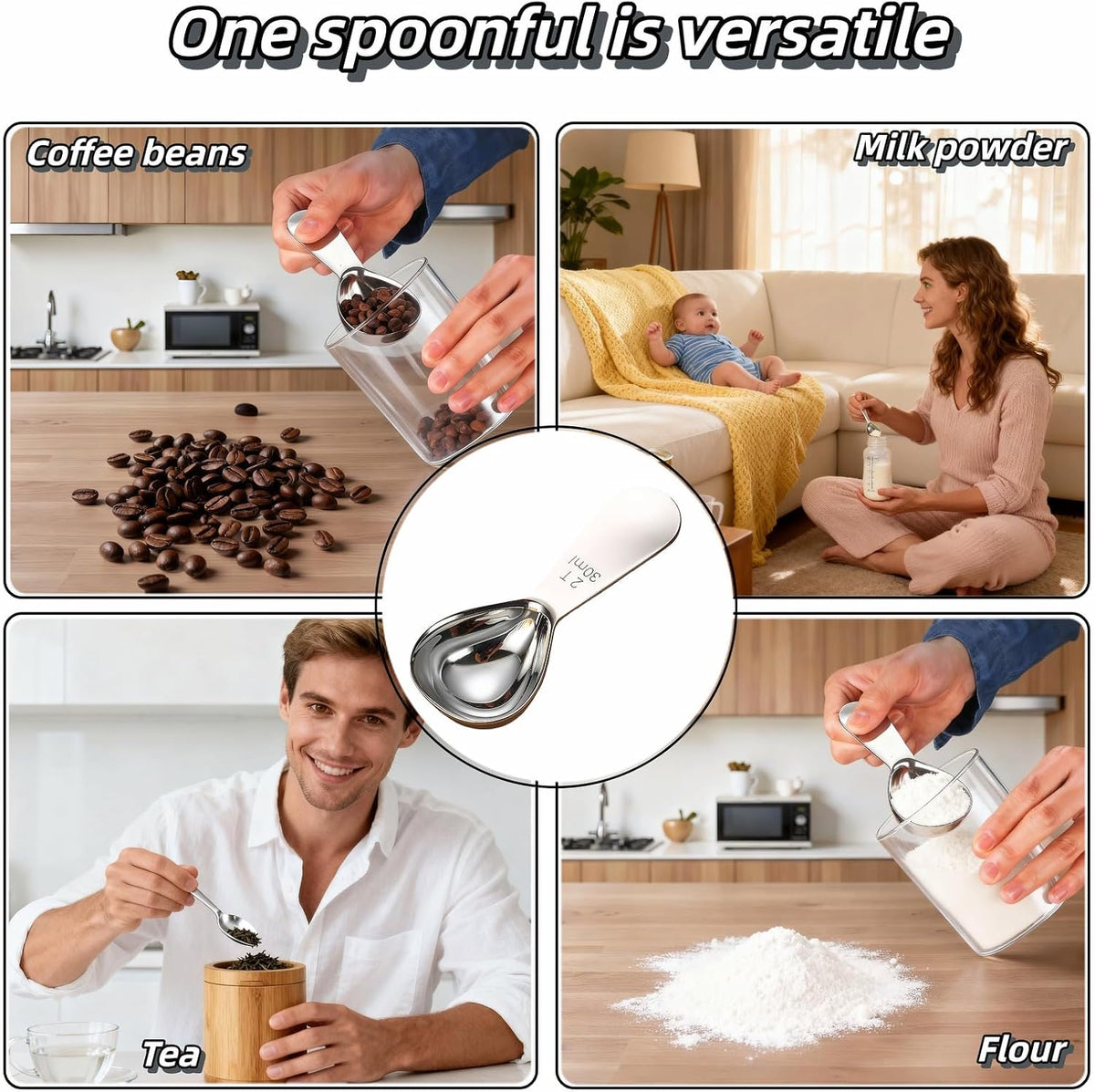 30ml Stainless Steel Coffee Scoop, 2 Tbsp Measuring Spoons for Protein Powder, Sugar, Flour & Tea - Short Handle, Laser Etched Markings, Dishwasher Safe, Heavy-Duty 304 Food-Grade Steel
