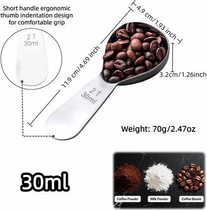 30ml Stainless Steel Coffee Scoop, 2 Tbsp Measuring Spoons for Protein Powder, Sugar, Flour & Tea - Short Handle, Laser Etched Markings, Dishwasher Safe, Heavy-Duty 304 Food-Grade Steel