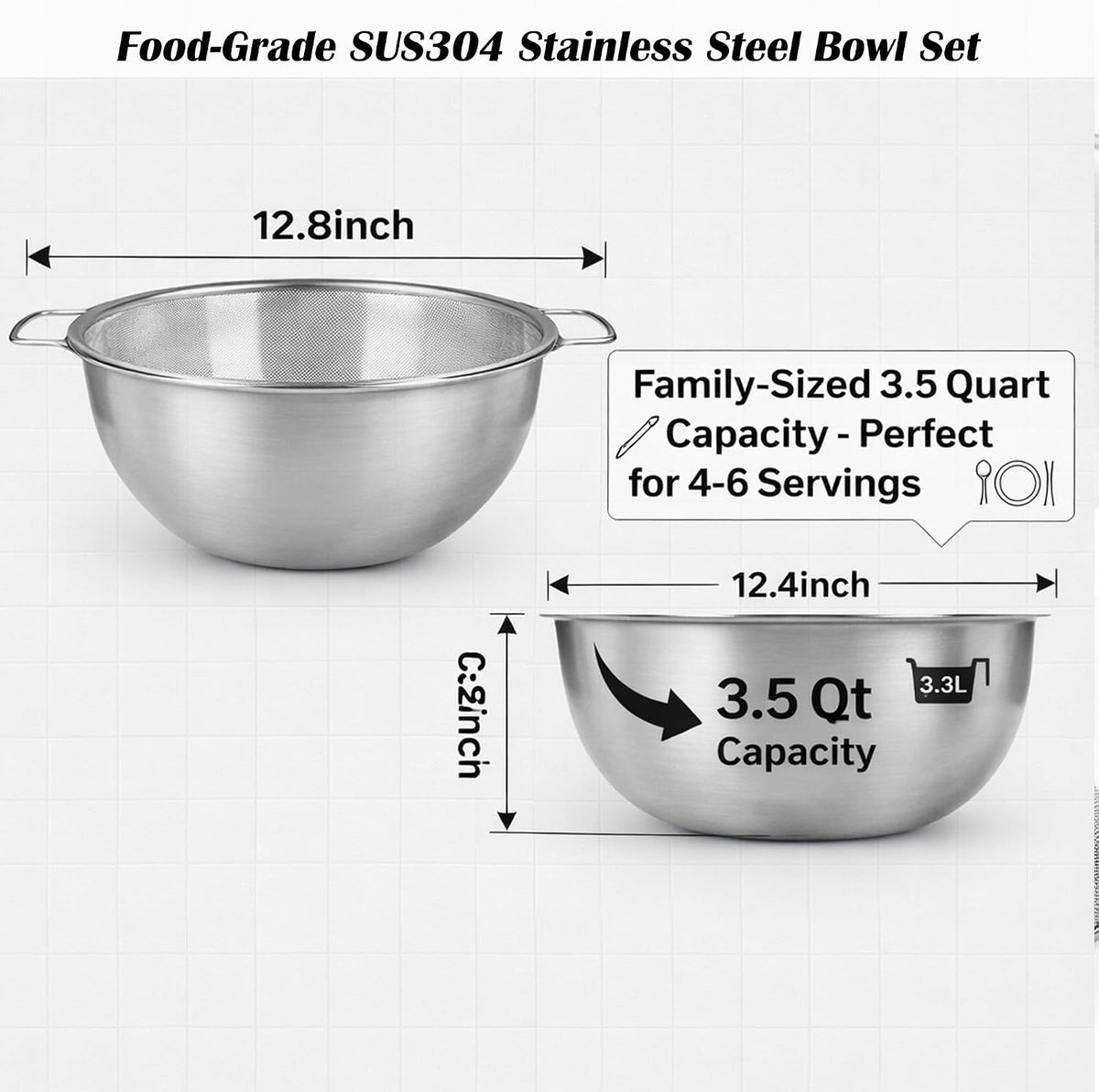 18/8 Stainless Steel Colander with Mixing Bowl, 3.5QT