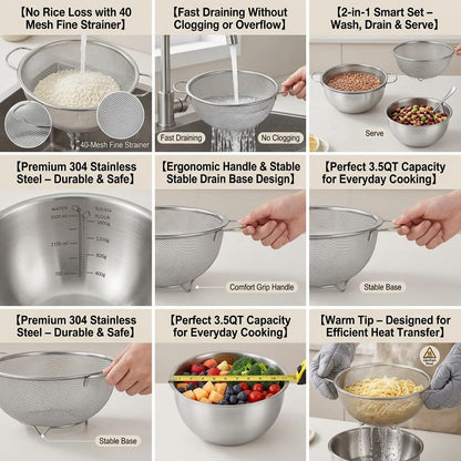 18/8 Stainless Steel Colander with Mixing Bowl, 3.5QT
