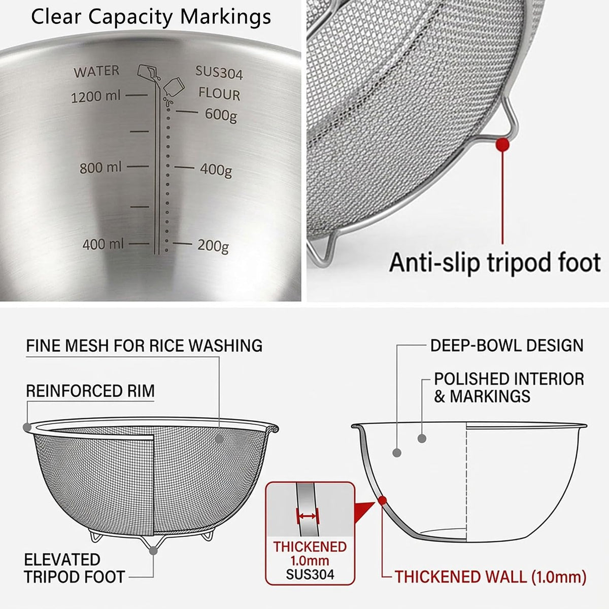 18/8 Stainless Steel Colander with Mixing Bowl, 3.5QT