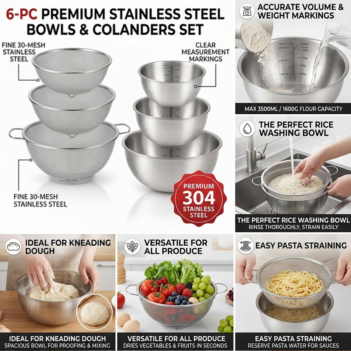 18/8 Stainless Steel Colander with Mixing Bowl, 3.5QT