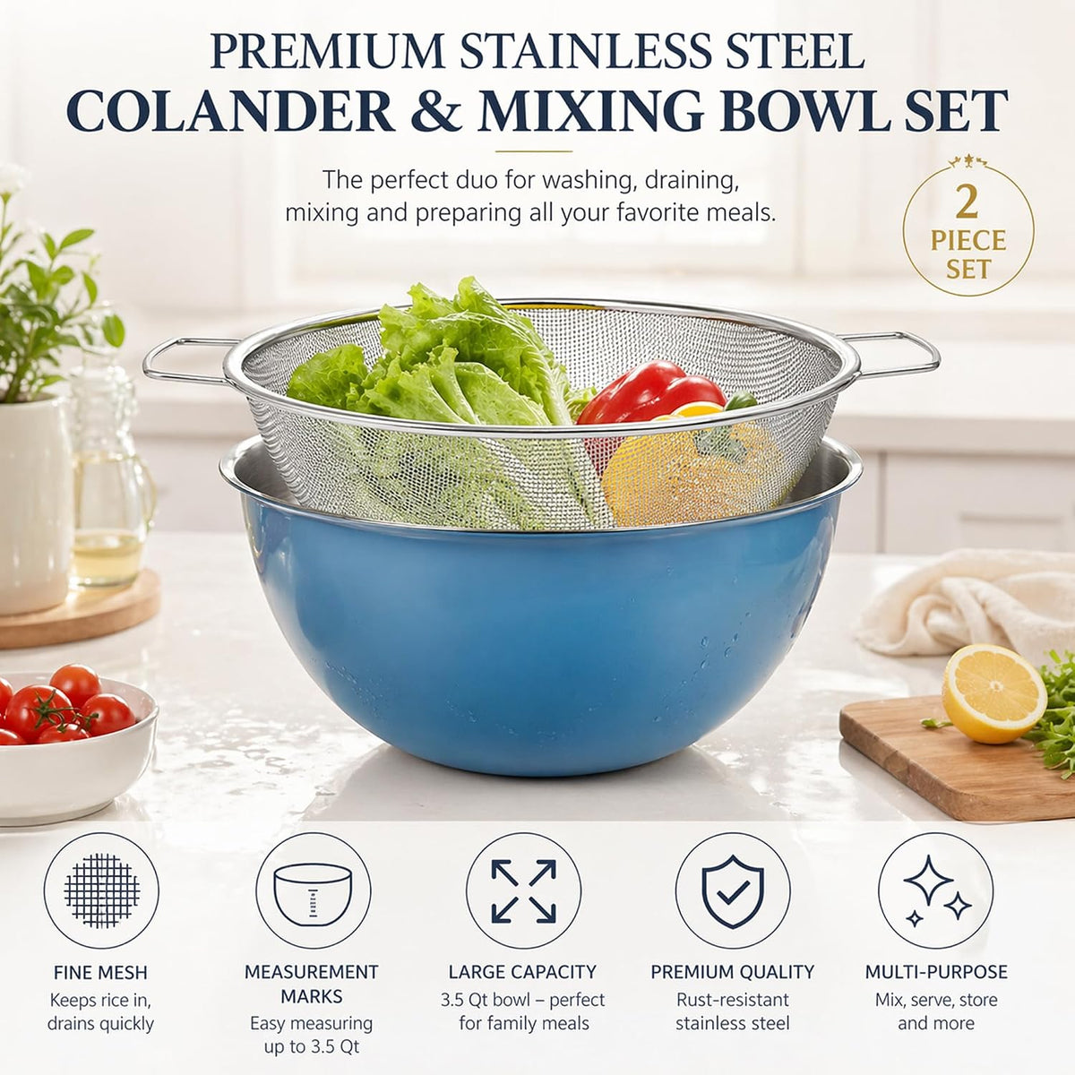 18/8 Stainless Steel Colander with Mixing Bowl, 3.5QT