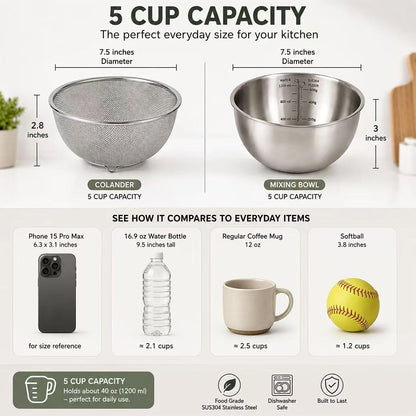 18/8 Stainless Steel Colander with Mixing Bowl, 3.5QT