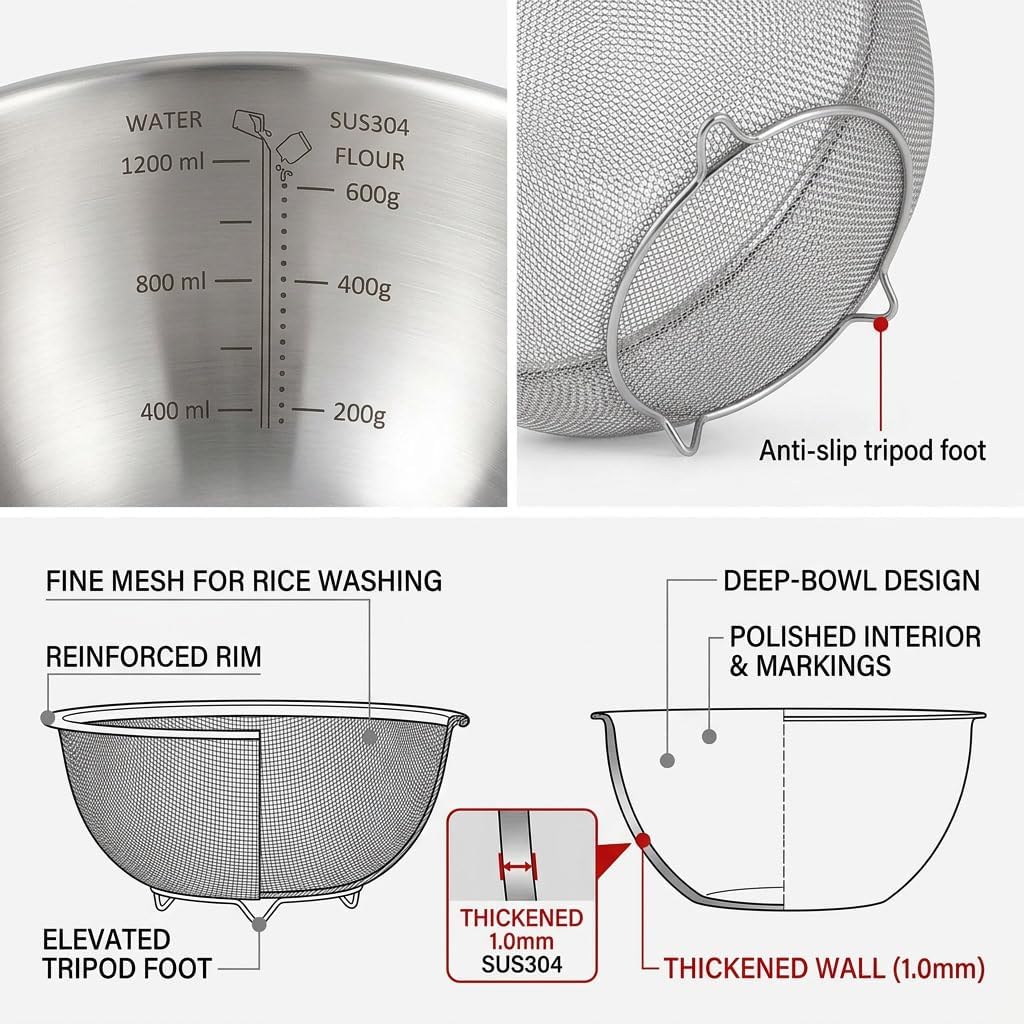 18/8 Stainless Steel Colander with Mixing Bowl, 3.5QT