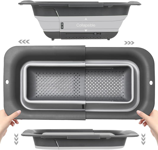 Collapsible Colander Strainer, Expandable Over the Sink Colander for Kitchen, Adjustable Silicone Sink Strainer, Foldable Large Colanders Basket to Wash Vegetable, Fruit, 15" to 19.8", Gray