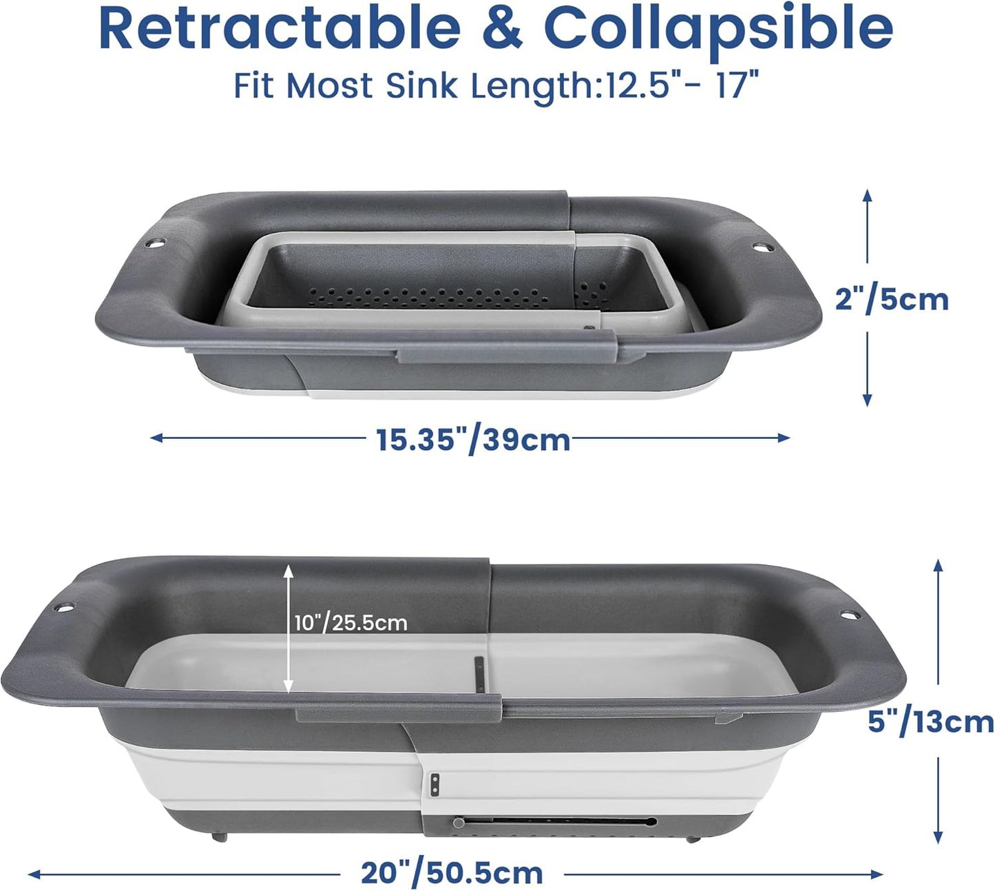 Collapsible Colander Strainer, Expandable Over the Sink Colander for Kitchen, Adjustable Silicone Sink Strainer, Foldable Large Colanders Basket to Wash Vegetable, Fruit, 15" to 19.8", Gray