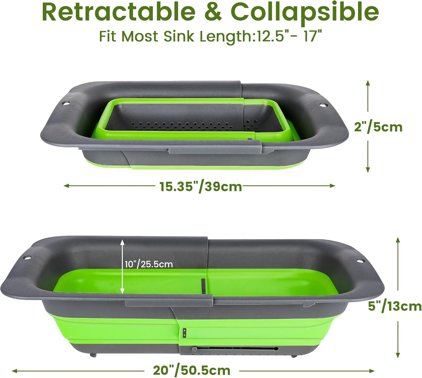Collapsible Colander Strainer, Expandable Over the Sink Colander for Kitchen, Adjustable Silicone Sink Strainer, Foldable Large Colanders Basket to Wash Vegetable, Fruit, 15" to 19.8", Gray