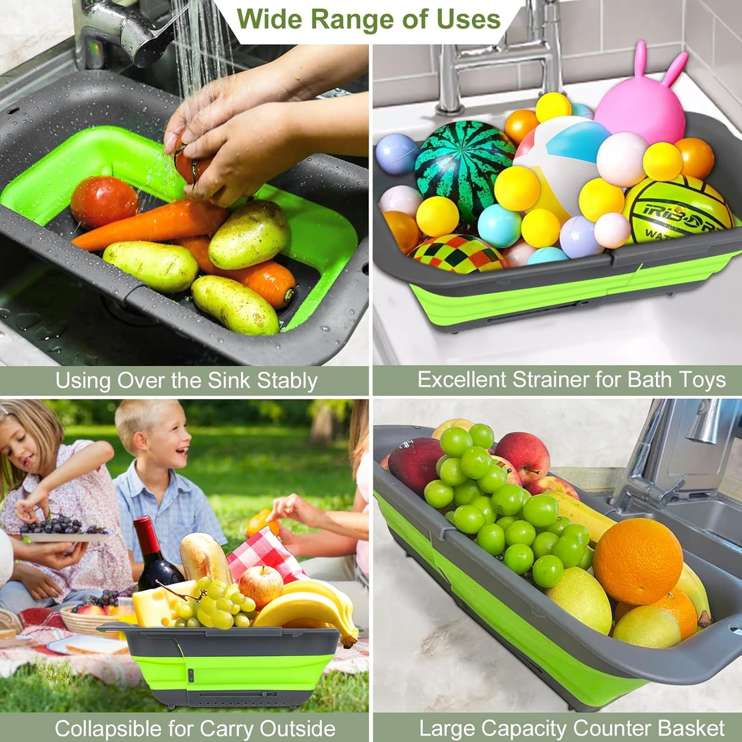 Collapsible Colander Strainer, Expandable Over the Sink Colander for Kitchen, Adjustable Silicone Sink Strainer, Foldable Large Colanders Basket to Wash Vegetable, Fruit, 15" to 19.8", Gray