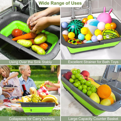 Collapsible Colander Strainer, Expandable Over the Sink Colander for Kitchen, Adjustable Silicone Sink Strainer, Foldable Large Colanders Basket to Wash Vegetable, Fruit, 15" to 19.8", Gray