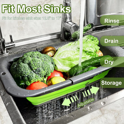 Collapsible Colander Strainer, Expandable Over the Sink Colander for Kitchen, Adjustable Silicone Sink Strainer, Foldable Large Colanders Basket to Wash Vegetable, Fruit, 15" to 19.8", Gray