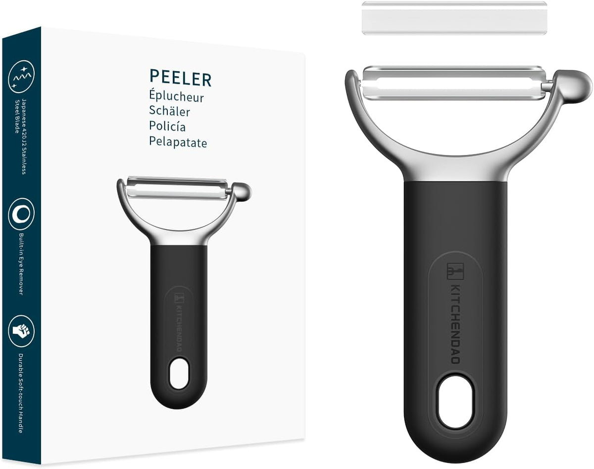 Swivel Vegetable Potato Peeler for Kitchen, Japanese Stainless Steel Sharp Blade, Heavy Duty Die-cast Construction Y Peeler, Built-in Eye Remover, Soft-touch Handle, Dishwasher Safe, Black