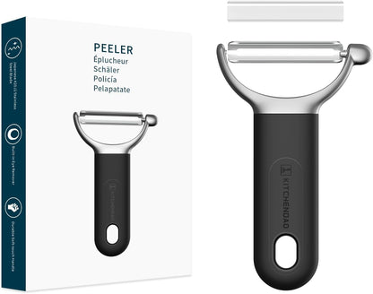 Swivel Vegetable Potato Peeler for Kitchen, Japanese Stainless Steel Sharp Blade, Heavy Duty Die-cast Construction Y Peeler, Built-in Eye Remover, Soft-touch Handle, Dishwasher Safe, Black