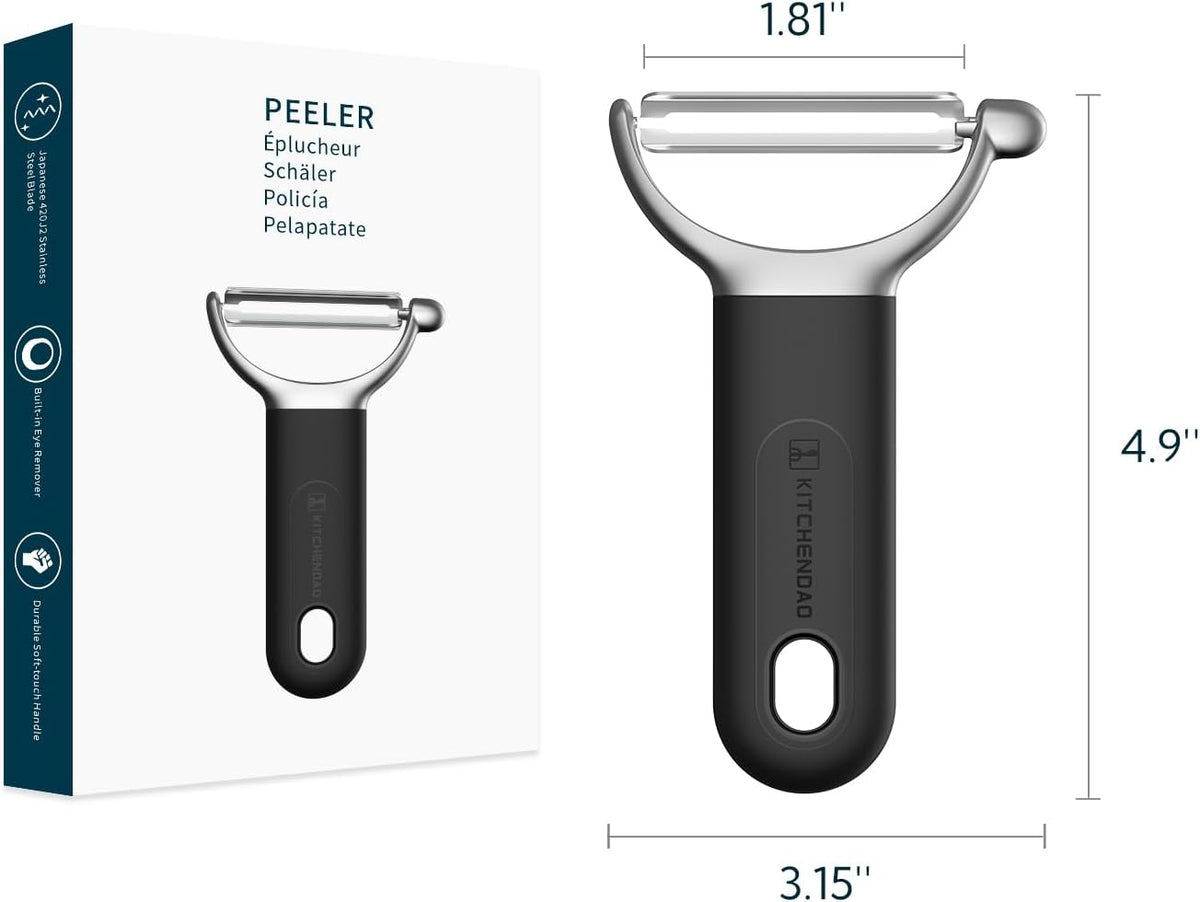 Swivel Vegetable Potato Peeler for Kitchen, Japanese Stainless Steel Sharp Blade, Heavy Duty Die-cast Construction Y Peeler, Built-in Eye Remover, Soft-touch Handle, Dishwasher Safe, Black